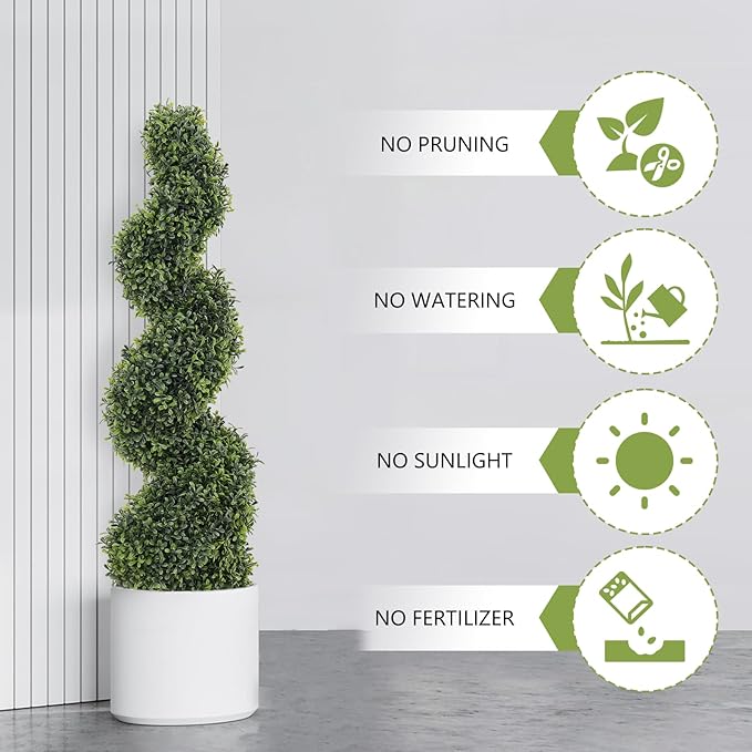 THE BLOOM TIMES 3ft Spiral Topiary Trees Artificial Outdoor Set of 2, 36" Faux Boxwood Plants Outside - All-Year Green Fake Twisted Tree for Garden Front Porch Planter Decor 3 Foot