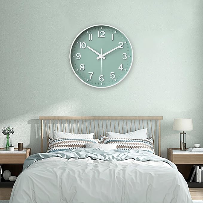HZDHCLH Wall Clocks Battery Operated,Wall Clock Green,10 inch Wall Clock Silent Non Ticking Modern 3D Numbers for Kitchen Bedroom Living Room Office Classroom Decor