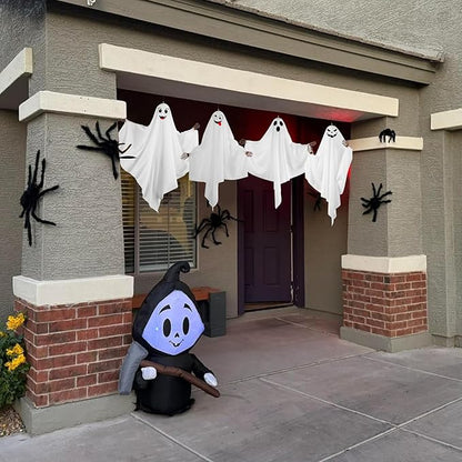4PCS Hanging Ghosts Halloween Decorations With Skeleton Hands, Spooky & Cute Expression for Front Porch and Tree