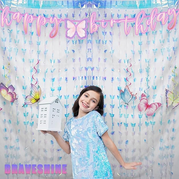 BRAVESHINE Iridescent Hanging Butterfly Foil Fringe Curtain - 2 Pack 3.2x6.6ft Holographic Party Streamers Backdrop for Bridal Shower/Mermaid/Frozen/Fairy/Princess/Butterfly Birthdays Decorations