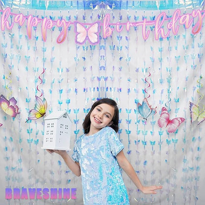 BRAVESHINE Iridescent Hanging Butterfly Foil Fringe Curtain - 2 Pack 3.2x6.6ft Holographic Party Streamers Backdrop for Bridal Shower/Mermaid/Frozen/Fairy/Princess/Butterfly Birthdays Decorations