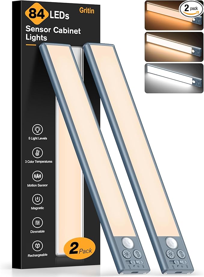 Gritin 10.2inch Under Cabinet Lighting Rechargeable -84 LED Super Bright,3-Color& 5 Level Brightness,4 Modes,Motion Sensor, Long Lasting- Easy Installation Magnetic Closet Lights -2 Pack-Sea Blue