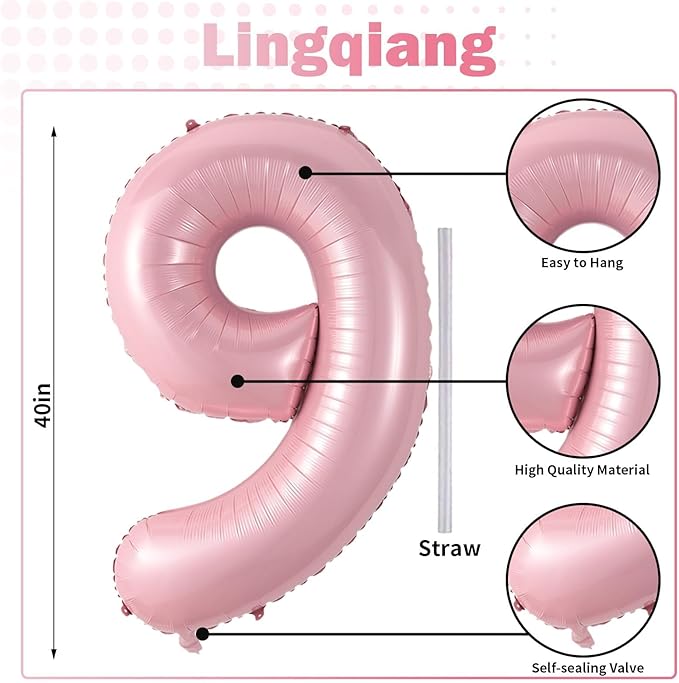 40'' Pink Number 9 Balloon, Self Inflating Foil Light Pink Number Balloons Set 0-9, Pastel Pink Digital 9 Helium Balloon for Girls 9th Birthday Party Decorations Anniversary Supplies