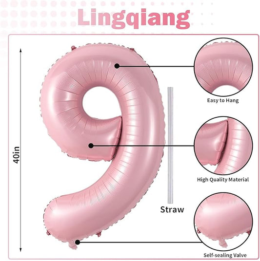 40'' Pink Number 9 Balloon, Self Inflating Foil Light Pink Number Balloons Set 0-9, Pastel Pink Digital 9 Helium Balloon for Girls 9th Birthday Party Decorations Anniversary Supplies