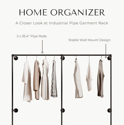 Industrial Pipe Clothing Rack, Heavy Duty Wall Mounted Clothes Rack, Retail Display Hanging Garment Rod for Laundry Rooms, Closet Storage, 14.6x75x82.7 Inches, Model K06