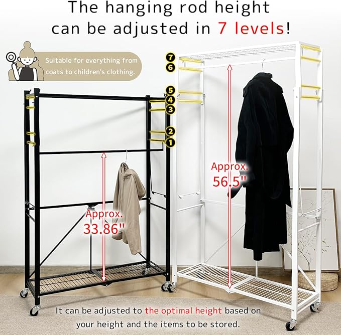 lumizone Expandable Wardrobe Closet, Foldable Clothing Rack with Shelves, Heavy Duty Collapsible Garment Rack Organizer for Hanging Clothes, Shoes & Storage(Black)