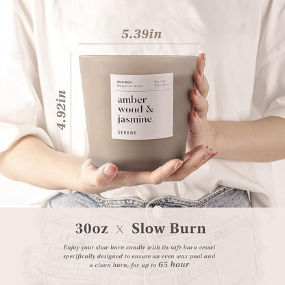 Hidden Label Large Scented Candle, Amber Wood & Jasmine, 30oz 3 Wick Huge Candle, Serene Collection Slow Burn Natural Soy Candles for Home Scented