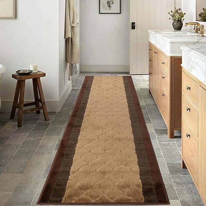 Washable Custom Size Runner Rug Volley Abstract Design Brown, (3 Feet Length x 26 Inch Width) Custom Cut Slip Resistant Rubber Backing Runner Rugs, Extra Long Runner Rugs for Hallways
