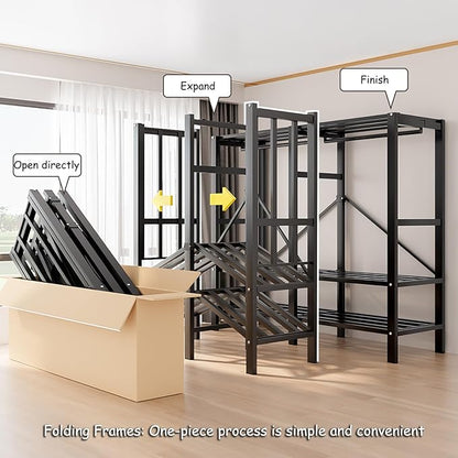 Heavy Duty Clothes Rack with Magnetic Door, Metal Foldable Covered Clothes Rack, Portable Wardrobe Closet System for Hanging Clothes, Rolling Garment Racks for Bedroom (Navy Blue Doors, 59in)