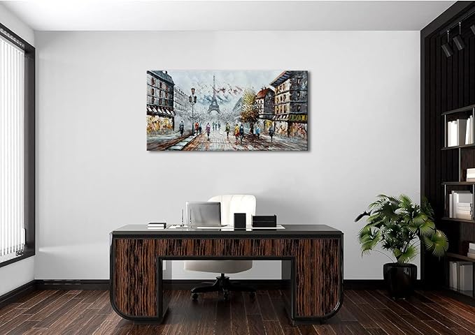 Alenoss Modern Oil Paintings on Canvas Wall Art, Paris Eiffel Tower Landscape Abstract Paintings for Living Room Bedroom Office Wall Decor 48x24 Inches, Ready to Hang