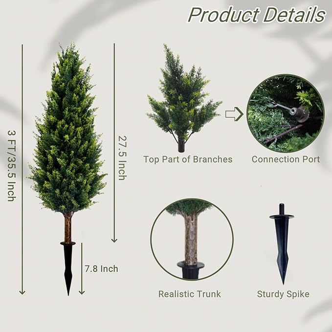 3FT Artificial Cedar Topiary Trees with Ground Spike Set of 2, UV Resistant Artificial Bushes Faux Cypress Trees for Indoor Outdoor Home Garden, Yard, Porch, Patio Decor (Normal)
