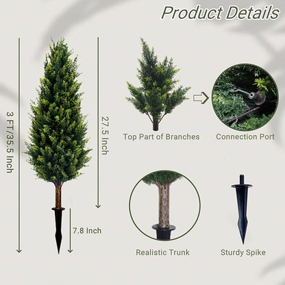 3FT Artificial Cedar Topiary Trees with Ground Spike Set of 2, UV Resistant Artificial Bushes Faux Cypress Trees for Indoor Outdoor Home Garden, Yard, Porch, Patio Decor (Normal)