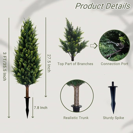 3FT Artificial Cedar Topiary Trees with Ground Spike Set of 2, UV Resistant Artificial Bushes Faux Cypress Trees for Indoor Outdoor Home Garden, Yard, Porch, Patio Decor (Normal)