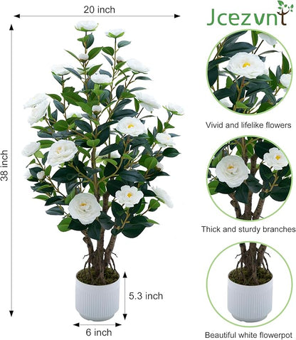 2 Pack Artificial Camellia Tree with White Pot, 38" Faux Potted Plants for Indoor Outdoor Decor, Tall Silk Greenery Plant for Home Office Living Room Balcony, White