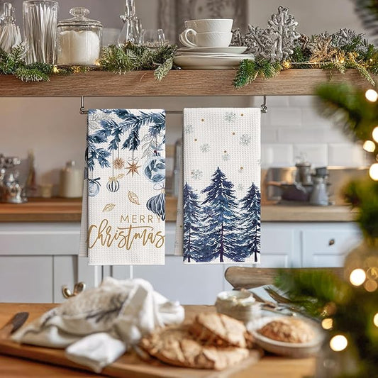 Artoid Mode Blue Xmas Tree Pinecone Christmas Bar Kitchen Towels, 12x24 Inch Quick Dry Microfiber Cloth Dish Towels for Kitchen Drying Set of 4