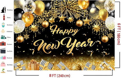 Dudaacvt 8x6ft Happy New Year Party Backdrop, Happy New Year Banner for 2026 Party Decoration, 2026 Family Holiday Fireworks Photo Booth Backdrop Background Banner