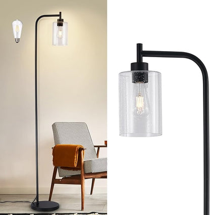 DLLT Floor Lamp Tall for Room: Black Standing Lamp with Seeded Glass Lampshade for Living Room - Modern Bright Lamp for Bedroom - Industrial Corner Floor Lamps for Office 8W Led Bulb Included