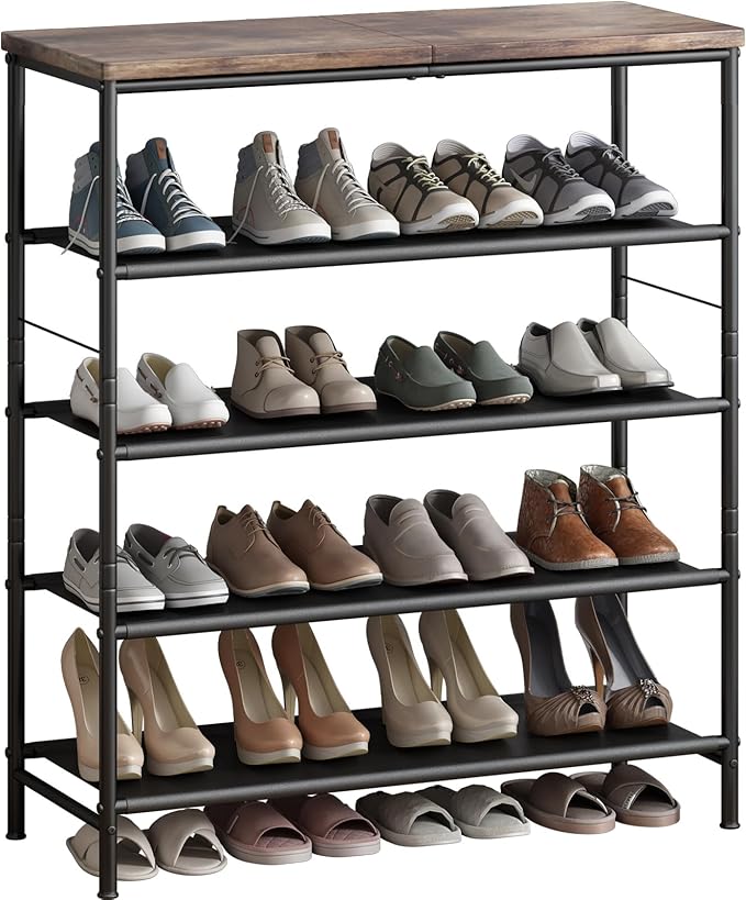 Shoe Rack Organizer 5 Tier Metal Organizer Shelf with Industrial MDF Board and Layer Fabric for Entryway Closet Bedroom Living Room Garage,Black & Rustic Brown (Black+Rustic Brown, 5 Tier)