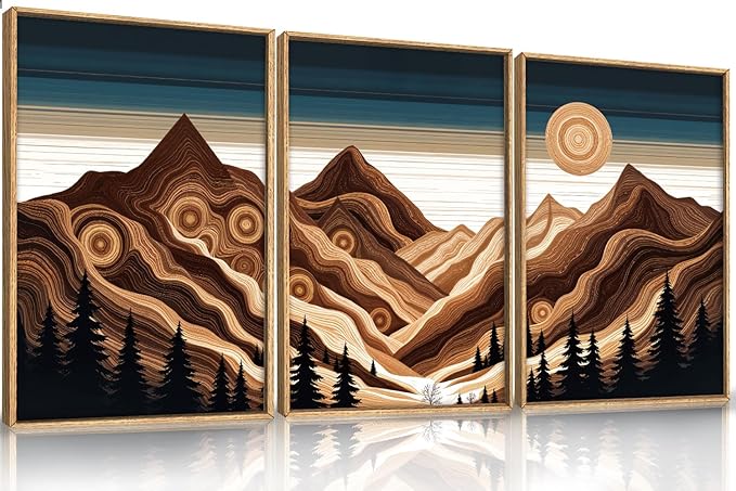 Large Abstract Mountain Woodcut Framed Canvas Wall Art,Modern Tree Ring Wall Decor,Sunrise Ridge Scenery Wall Painting,Retro Desert Artwork for Living Room,Bedroom,Dining Room,Office -24"x36"x3