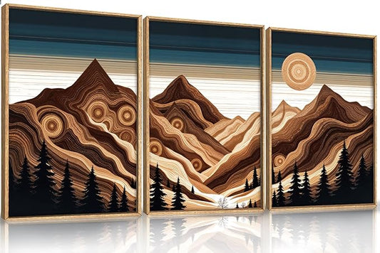 Large Abstract Mountain Woodcut Framed Canvas Wall Art,Modern Tree Ring Wall Decor,Sunrise Ridge Scenery Wall Painting,Retro Desert Artwork for Living Room,Bedroom,Dining Room,Office -24"x36"x3