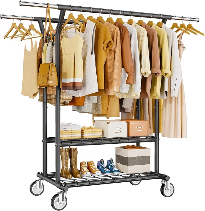 Heavy Duty Clothes Rack, Rolling Clothing Rack With Shelves Load 620 LBS, Double Rod Clothing Racks for Hanging Clothes, Portable& Adjustable Clothes Rack with Wheels,Black