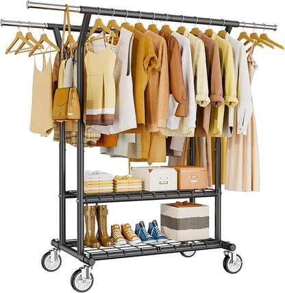 Heavy Duty Clothes Rack, Rolling Clothing Rack With Shelves Load 620 LBS, Double Rod Clothing Racks for Hanging Clothes, Portable& Adjustable Clothes Rack with Wheels,Black