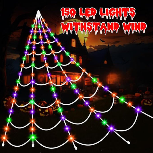 Halloween Decorations Spider Webs Lights: 150 Purple & Orange & Green LED Halloween Lights Decor Outdoor, 17.4Ft Giant Spiderweb with 8 Lighting Modes Waterproof & Timer, Yard Spider Web Decoration