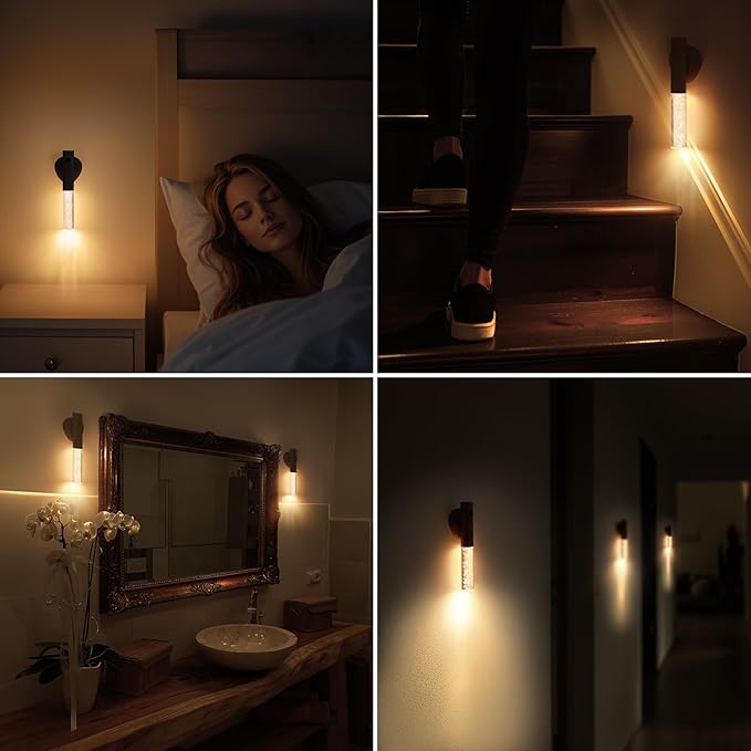Motion Sensor Night Light Indoor, Rechargeable Night Light Wall Sconce Wood Set of 1, Battery Powered Magnetic Wall Sconce Decor for Bedroom, Hallway, Bathroom, Stairway, Closet(Walnut Wood)