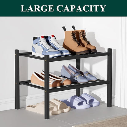 Smiry Bamboo Shoe Rack for Closet, 2 Tier Small Wooden Stackable Shoe Organizer, Free Standing Shoes Storage Shelf for Entryway, Front Door Entrance, Black