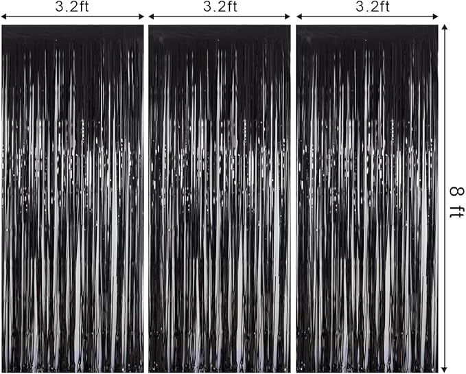 Glossy Black Foil Fringe Curtains – 3 Pack Metallic Tinsel Backdrop for New Year’s Eve & Party Decorations, 3.2 x 8.2 ft, Easy Peel & Stick, Party Photo Background
