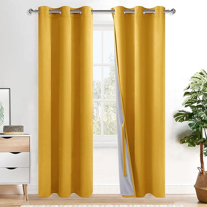 XWZO Full Shading Blackout Curtains 84 Inches Length - Heat and Light Blocking Ring Top Window Drapes with Black Liner Backing for Bedroom, Tiebacks Sewn, Yellow, W42 x L84, Set of 2 Panels