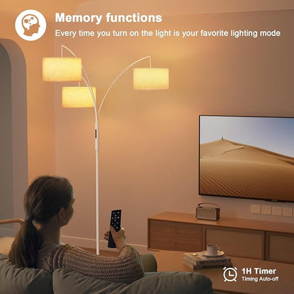 36W LED Arc Floor Lamp with 3 White Fabric Shades, 3000LM Super Bright Standing Lamp with Remote Control & Touch, Stepless Dimming, Individual Light Control for Living Room, Bedroom