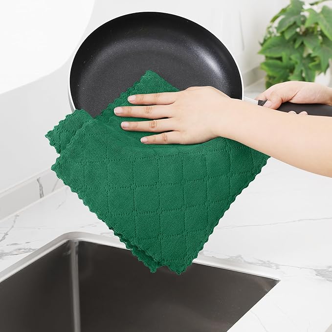 Homaxy 24 Pack Dish Towels for Kitchen (10 x 20 Inches, Dark Green), Super Soft and Absorbent Coral Velvet Dish Cloths for Washing Dishes, Nonstick Oil Fast Drying Microfiber Cleaning Cloth