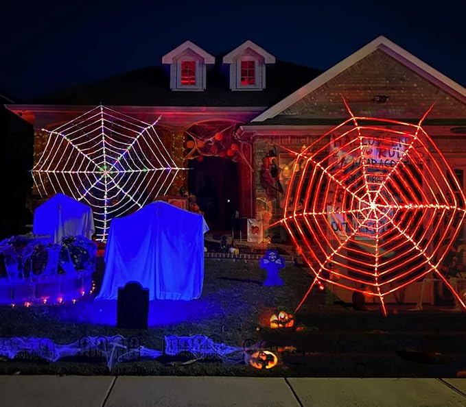 144 LED Halloween Spider Web Lights Decor, Net Light Decoration 3.6 m Giant Round Light up Net with Remote Control - 8 Modes & Timer