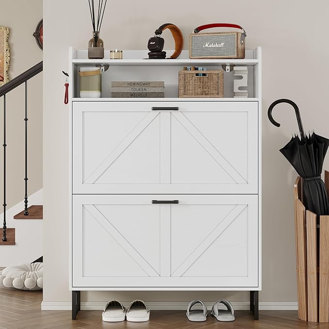 Shoe Cabinet with 2 Flip Drawers Narrow Shoe Storage Cabinet Organizer Wooden Freestanding Shoe Rack Hidden Slim Shoes Storage Cabinet for Entryway, Hallway, Bedroom