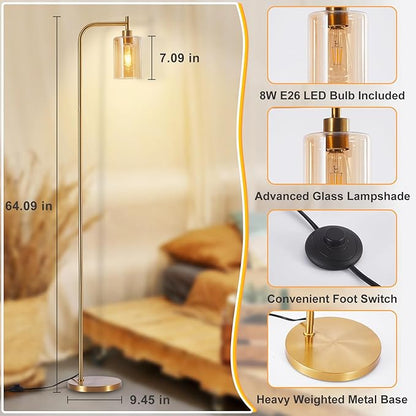 DLLT Floor Lamp Tall for Room: Gold Standing Lamp with Amber Glass Lampshade for Living Room - Modern Bright Lamp for Bedroom - Industrial Corner Floor Lamps for Office 8W Led Bulb Included
