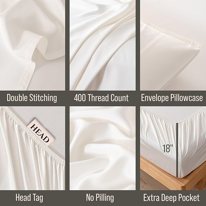 Bella Coterie Luxury Bamboo Viscose Split King Size Sheet Set | 100% Organically Grown | Ultra Soft | Cooling for Hot Sleepers | 18" Deep Pocket [Ivory]