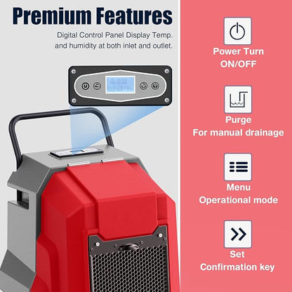 MOUNTO 180Pints LGR Industrial Dehumidifier with Pump and Drain Hose, Portable Commercial Dehumidifier with Wheels for Home, Basements, Garages, and Job Sites (Red)