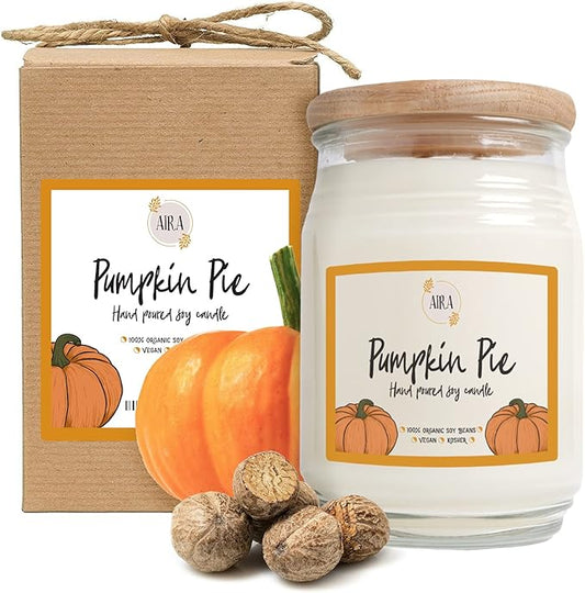Aira Soy Candles - Organic, Kosher, Vegan, in Farmhouse Jar w/Essential Oil Blends - Hand-Poured 100% Soy Candle - Paraffin Free, Burns 150+ Hours - Fall Candle - Pumpkin Pie - 20 Ounces