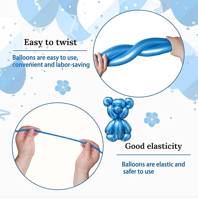 KAWKALSH 260 Metallic Blue Long Balloons for Balloon Garland Thickening Skinny Latex Twisting Animals Modeling Christmas Birthday Wedding Party Festival Decorations 100pcs