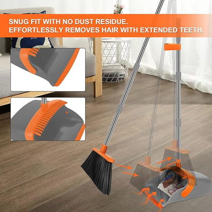 Broom and Dustpan Set, Large Broom with Dustpan Combo Set, 55" Long Handle Heavy Duty Industrial Dust pan Set for Classroom Lobby Home