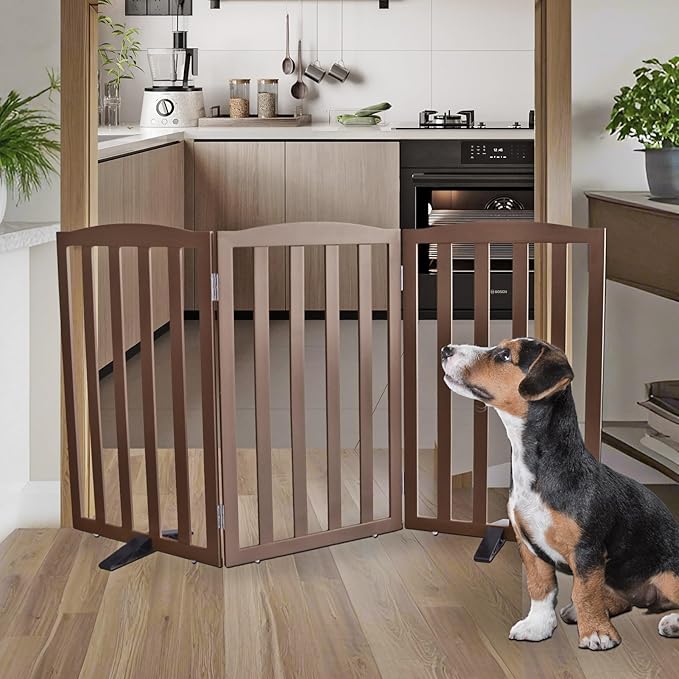 ZJSF Foldable Freestanding Indoor Dog Gate for House Wood Long Pet Gates Dog Fence for Stairs Puppy Gates for Hallways, Puppy Gate,Support Feet Included, Brown, 32 "Height-3 Panels
