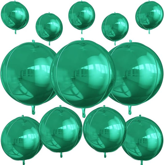 12Pcs Green Round Foil Balloons, 22" 15" 10" 4D Helium Ball Balloon, Metallic Green Foil Balloon for Birthday Graduation Wedding Anniversary New Year Eve Disco Prom Party Decorations