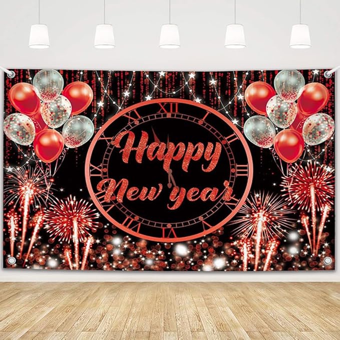 MEHOFOND Happy New Year Backdrop 2026 New Year Party Decorations Banner Red Sliver Black Happy New Year's Eve Banner White and red Balloons Glitter New Years Backdrop 6x3.6ft