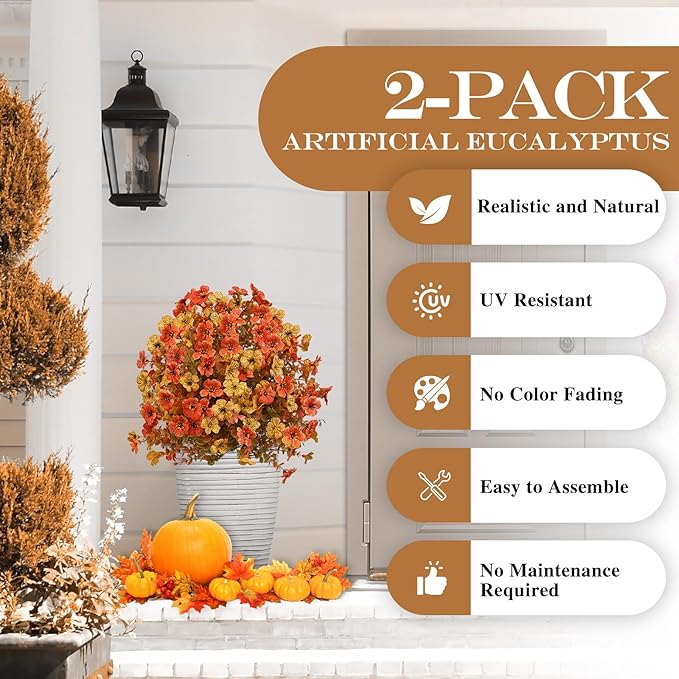 23" Set of 2 Orange Artificial Boxwood Topiary Flowers Ball with Spikes for Outdoor Fall Decorations, Faux Greenery Shrubs,Fake Bushes Plants for Garden, Yard, Front Porch（Orange）