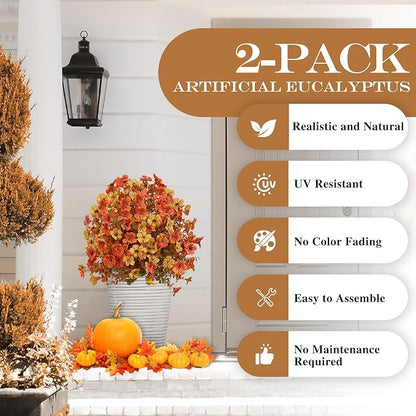 23" Set of 2 Orange Artificial Boxwood Topiary Flowers Ball with Spikes for Outdoor Fall Decorations, Faux Greenery Shrubs,Fake Bushes Plants for Garden, Yard, Front Porch（Orange）