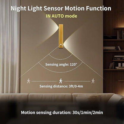 Motion Sensor LED Night Lights, 2500 mAh Rechargeable Battery Operated Indoor Wall Light Without Power Connection with Switch, Wireless Wall Lighting Battery for Cabinet Bedroom Stairs (Gold)