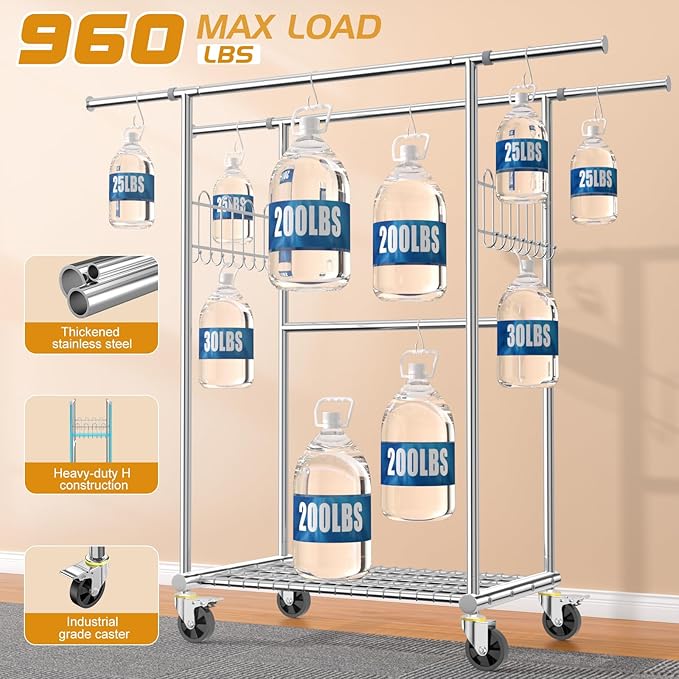 100% Stainless Steel Heavy Duty Clothes Rack Load 860LBS, Adjustbale Height Double Rods Clothing Racks for Hanging Clothes, Rolling Garment Rack With Sturdy Wheels Shelf (Silver, Three Rod)