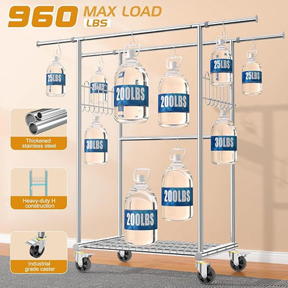 100% Stainless Steel Heavy Duty Clothes Rack Load 860LBS, Adjustbale Height Double Rods Clothing Racks for Hanging Clothes, Rolling Garment Rack With Sturdy Wheels Shelf (Silver, Three Rod)