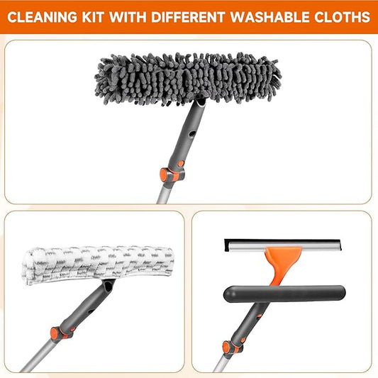 Chabatree Window Squeegee Cleaner Set 2-in-1 Window Cleaning Tool with Extendable Pole, Window Cleaning kit with Bendable Head for Indoor & Outdoor Glass for Car Indoor Outdoor High Windows（Kit2.0）